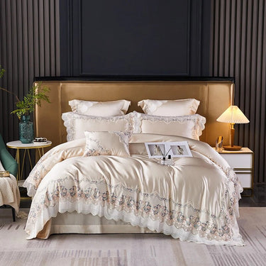 Champagne Pink Luxury French Wedding Embroidery Silk Europe Palace Duvet Cover, Egyptian Cotton 1200TC Bedding Set